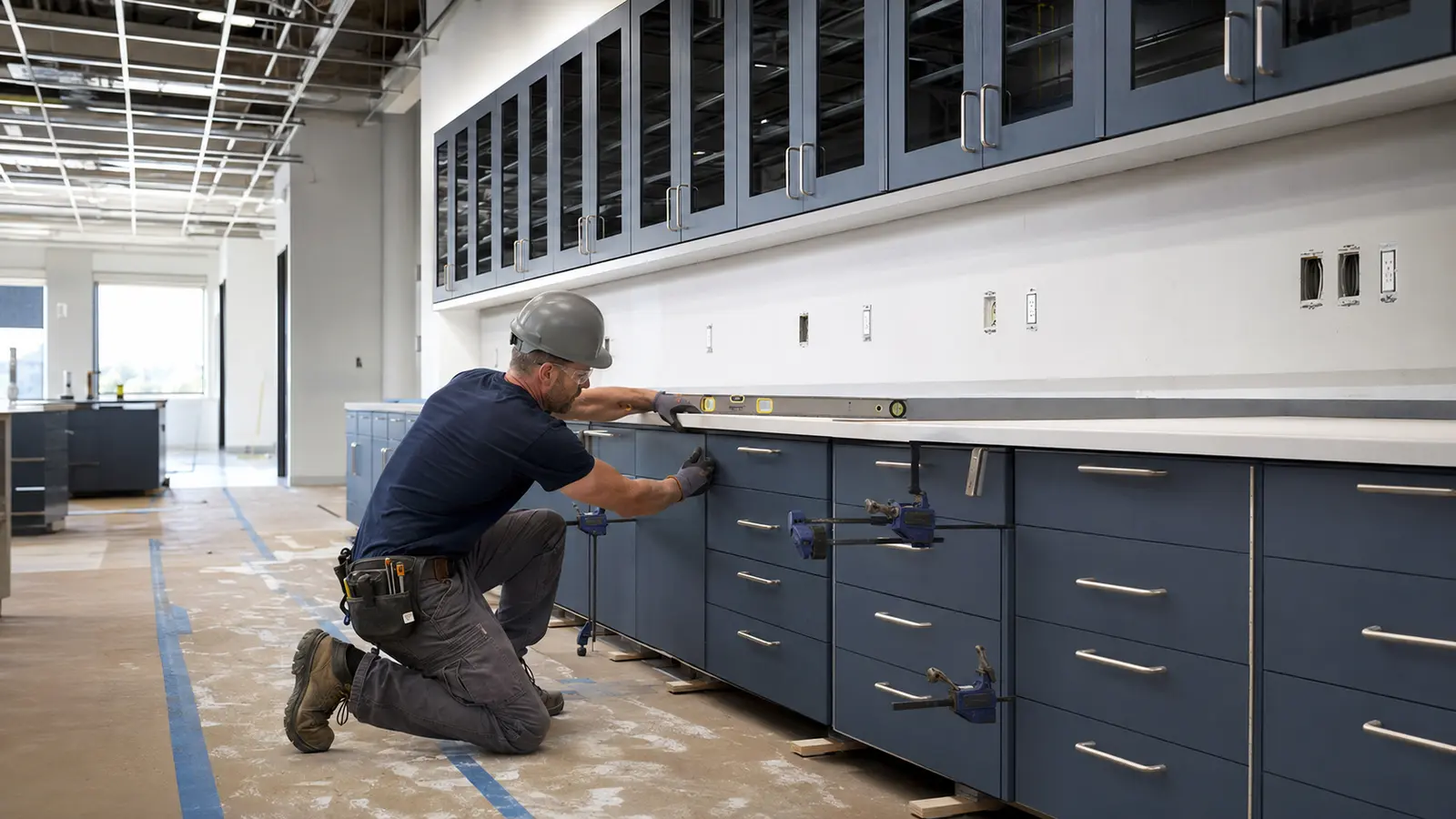 Commercial laboratory casework being aligned during installation