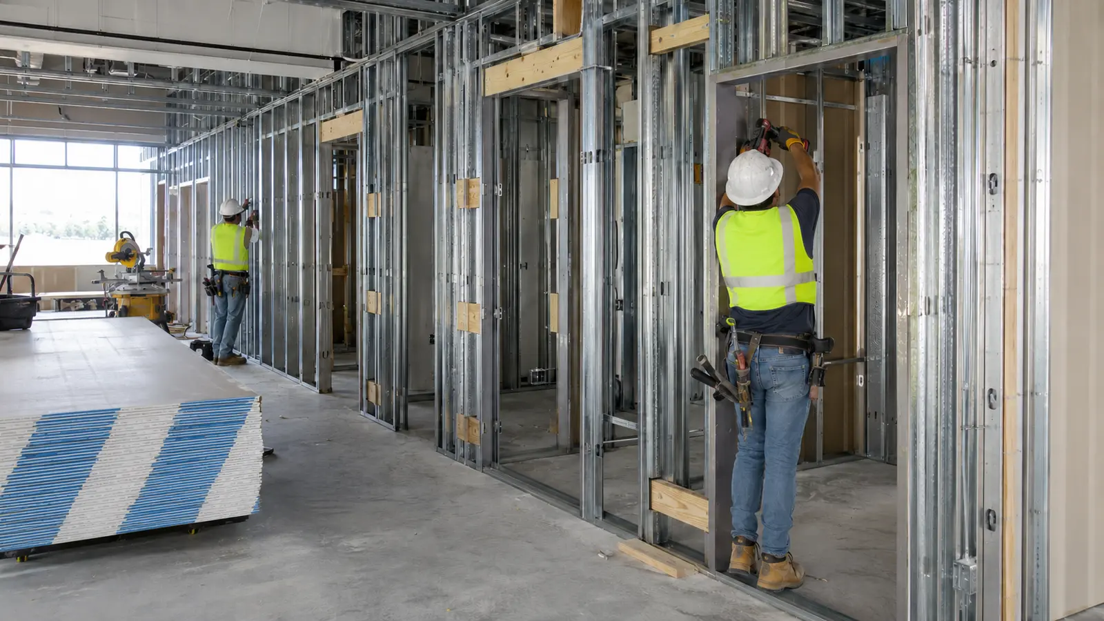 Commercial interior with exposed metal-stud framing and blocking