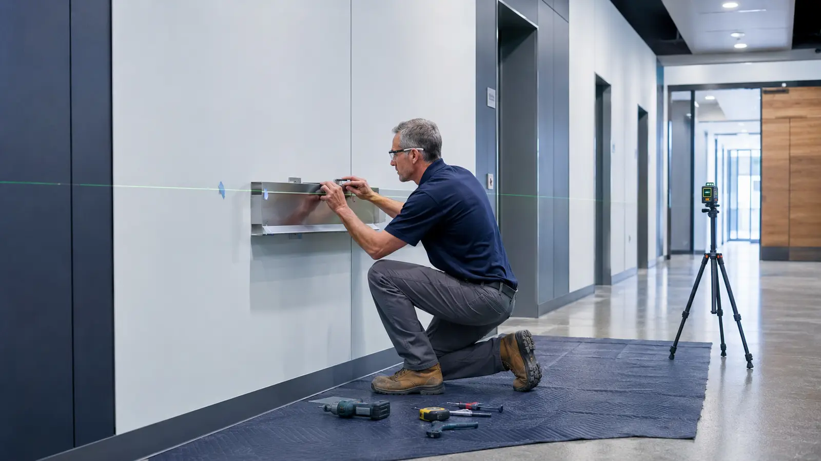 Wall-mounted specialty component being aligned in a commercial corridor